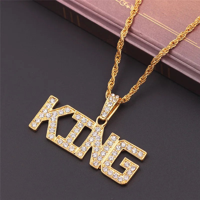 Women’s Iced-Out Queen Pendant Necklace – Full Rhinestone Bling with Cuban Link Chain, Hip-Hop Streetwear Jewelry Gift