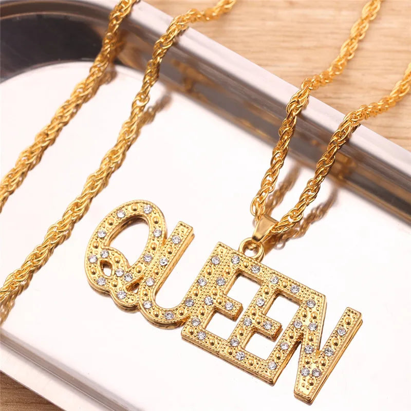 Women’s Iced-Out Queen Pendant Necklace – Full Rhinestone Bling with Cuban Link Chain, Hip-Hop Streetwear Jewelry Gift