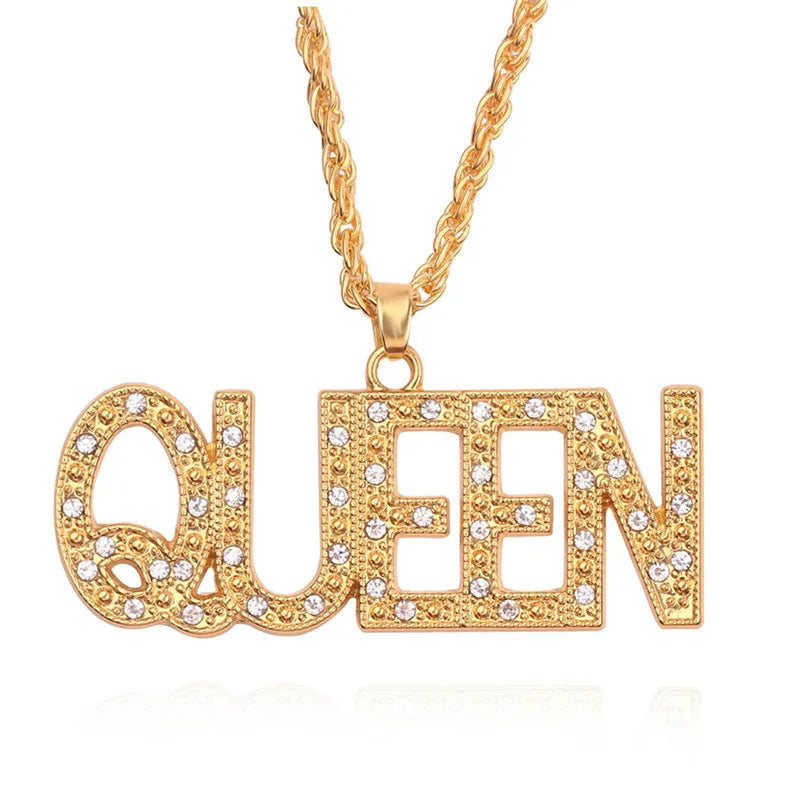 Women’s Iced-Out Queen Pendant Necklace – Full Rhinestone Bling with Cuban Link Chain, Hip-Hop Streetwear Jewelry Gift