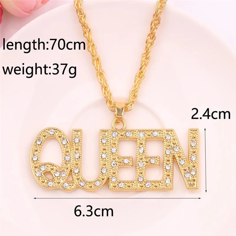 Women’s Iced-Out Queen Pendant Necklace – Full Rhinestone Bling with Cuban Link Chain, Hip-Hop Streetwear Jewelry Gift