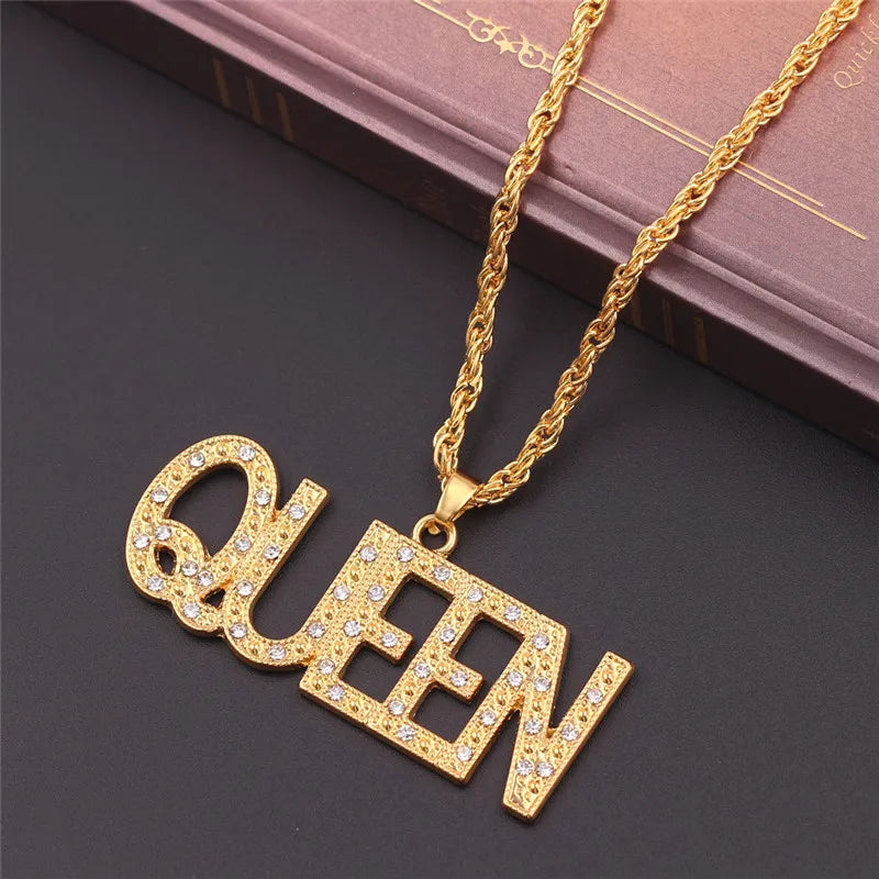 Women’s Iced-Out Queen Pendant Necklace – Full Rhinestone Bling with Cuban Link Chain, Hip-Hop Streetwear Jewelry Gift