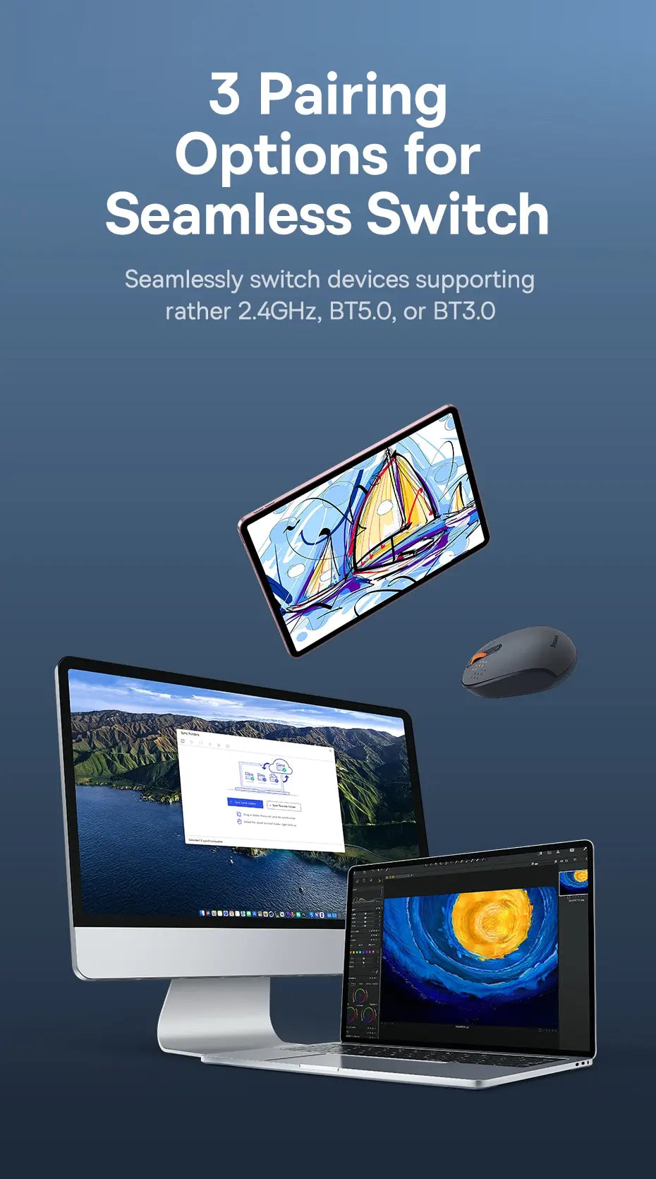 Baseus F01B Wireless Mouse – Bluetooth 5.0 & 2.4G Dual-Mode, Silent Click, 1600 DPI for MacBook, iPad, Laptop & PC