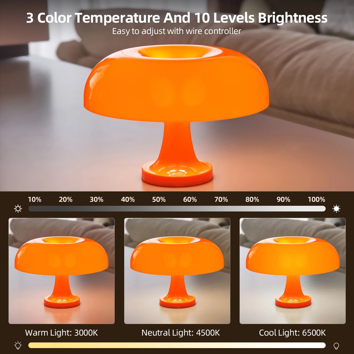 Classic Mushroom Table Lamp – Modern Bauhaus Danish Design Bedside Lamp, Retro Orange Dome Light for Bedroom & Living Room Decor