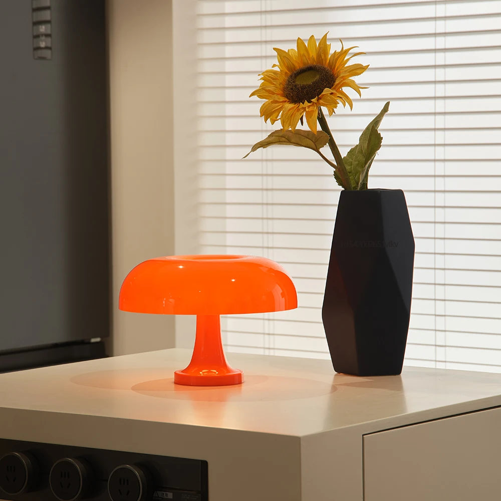 Classic Mushroom Table Lamp – Modern Bauhaus Danish Design Bedside Lamp, Retro Orange Dome Light for Bedroom & Living Room Decor