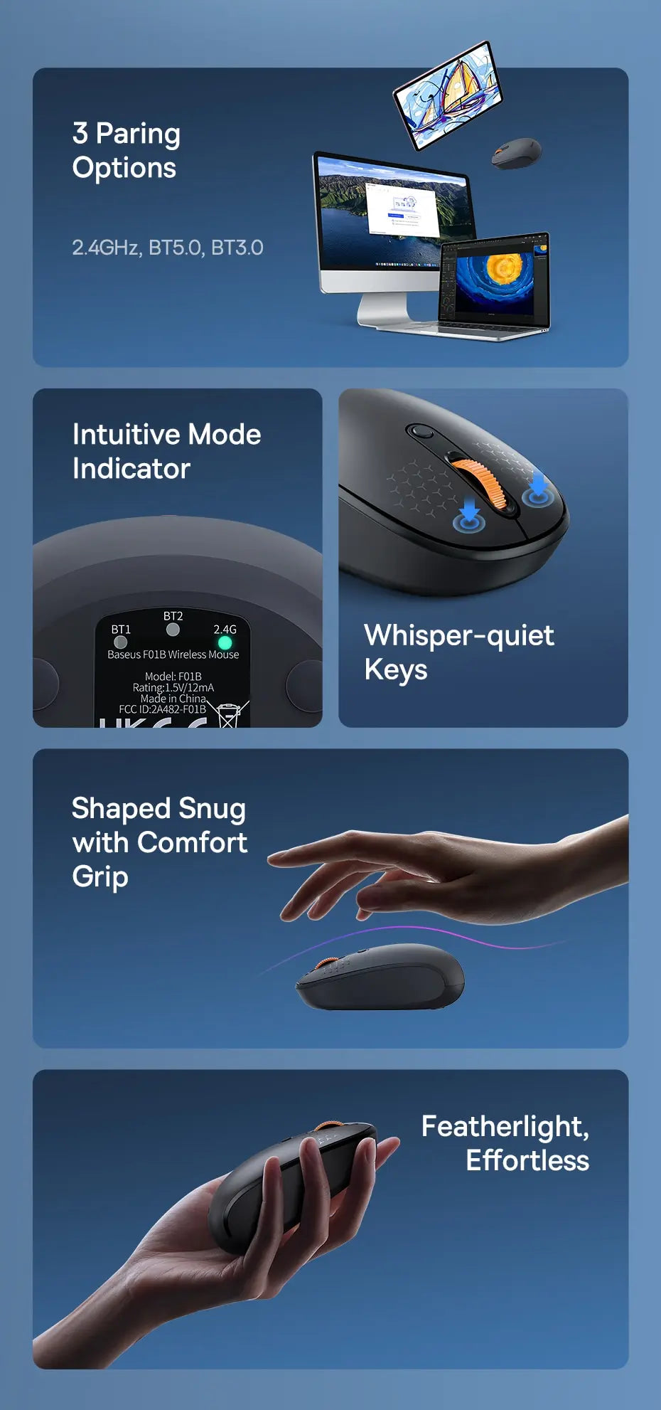 Baseus F01B Wireless Mouse – Bluetooth 5.0 & 2.4G Dual-Mode, Silent Click, 1600 DPI for MacBook, iPad, Laptop & PC