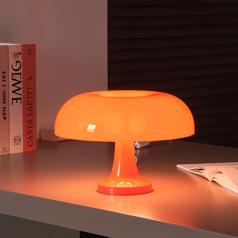 Classic Mushroom Table Lamp – Modern Bauhaus Danish Design Bedside Lamp, Retro Orange Dome Light for Bedroom & Living Room Decor
