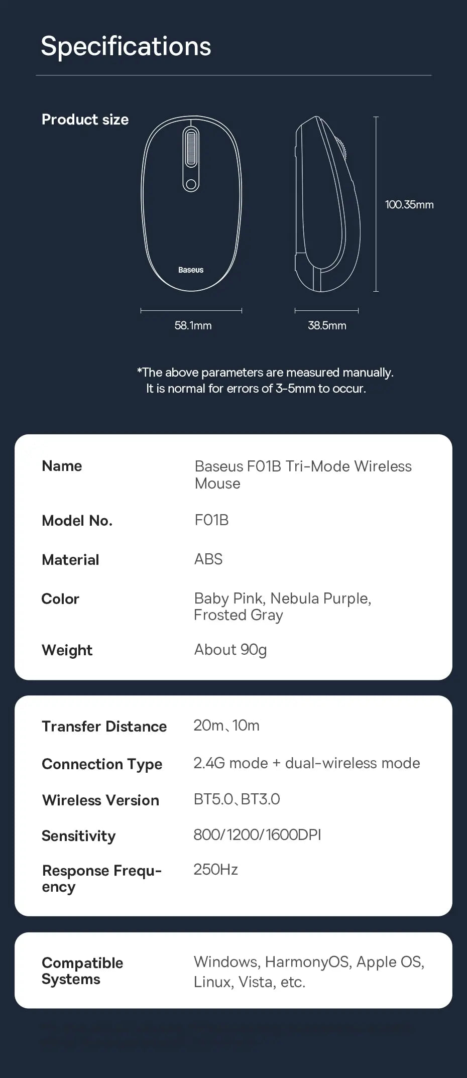 Baseus F01B Wireless Mouse – Bluetooth 5.0 & 2.4G Dual-Mode, Silent Click, 1600 DPI for MacBook, iPad, Laptop & PC