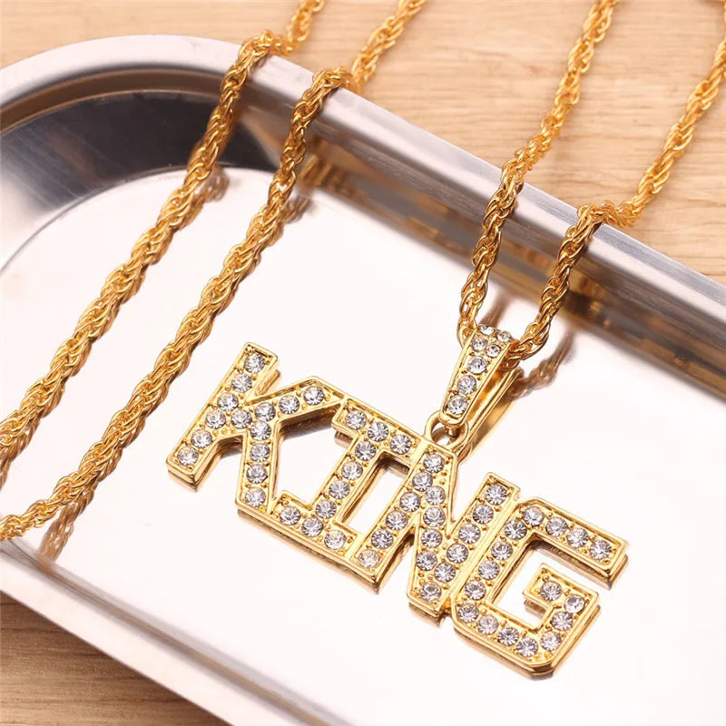 Women’s Iced-Out Queen Pendant Necklace – Full Rhinestone Bling with Cuban Link Chain, Hip-Hop Streetwear Jewelry Gift
